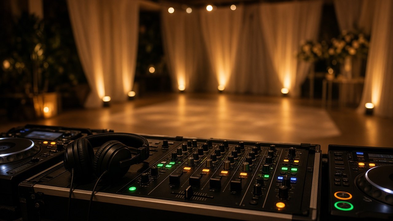 DJ controller in the foreground with a warmly lit, curtained dance floor behind it