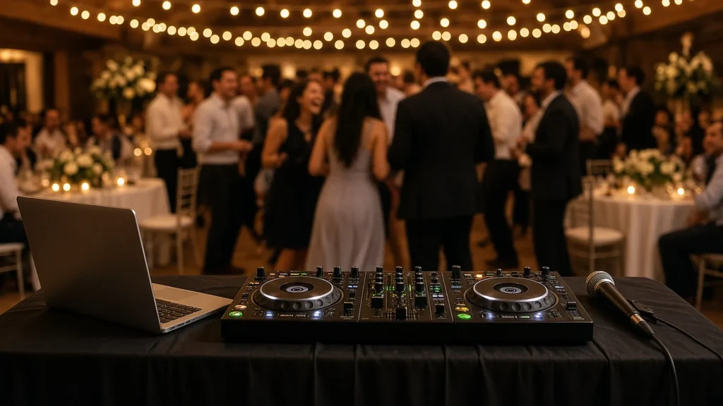 DJ booth in the foreground of a softly lit Rockford-area wedding reception hall