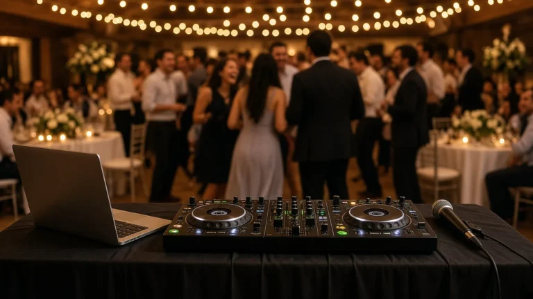 DJ booth in the foreground of a softly lit Rockford-area wedding reception hall