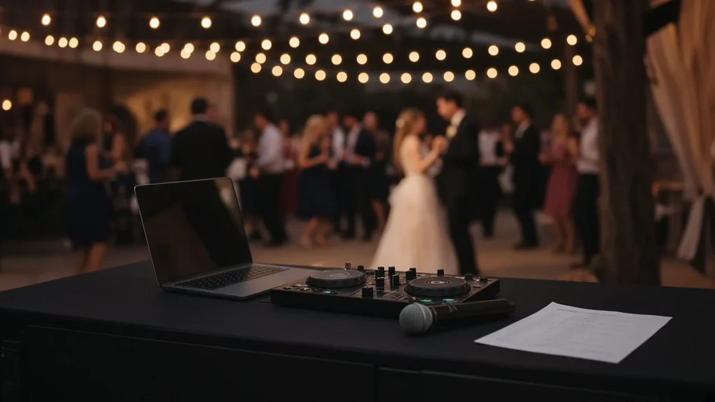 Wedding DJ table with controller, microphone and timeline at a Rockford-area reception